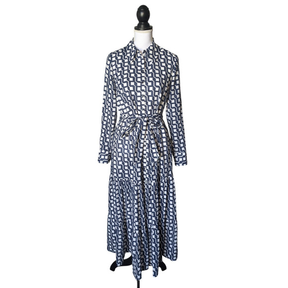 Boden Flo Tiered Midi Shirt Dress in Navy Blue White Cube